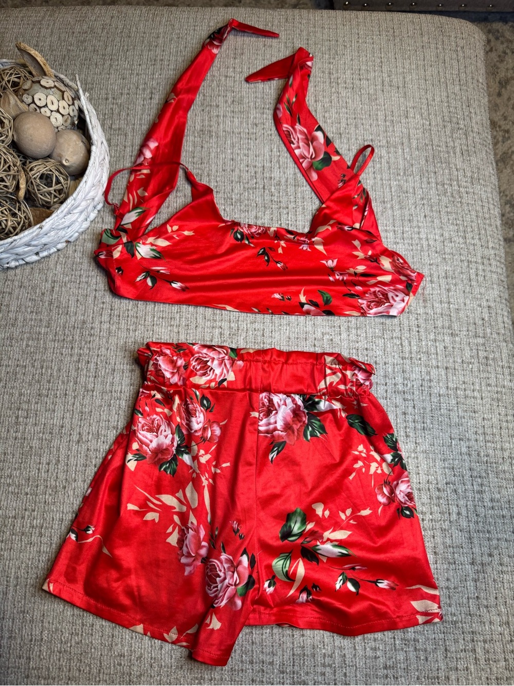 Red Floral Satin Two-Piece Set